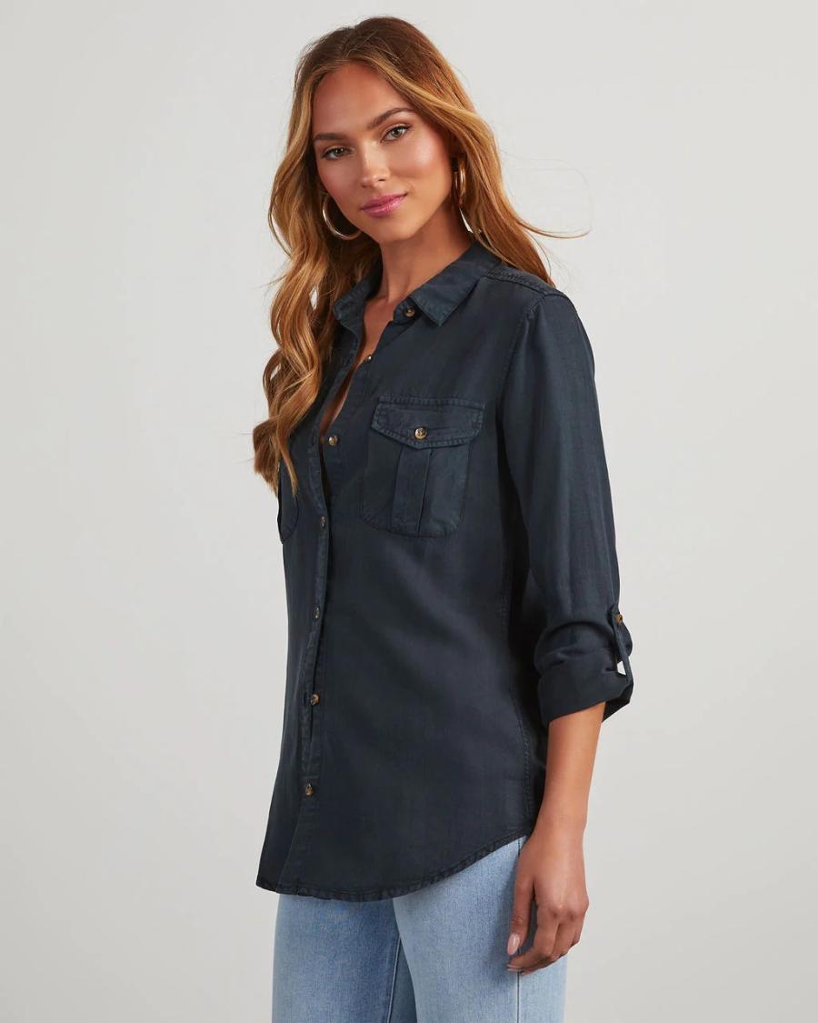 Womens Denim Button-Up Shirt  |  Shirts & Blouses Clothing Dark grey