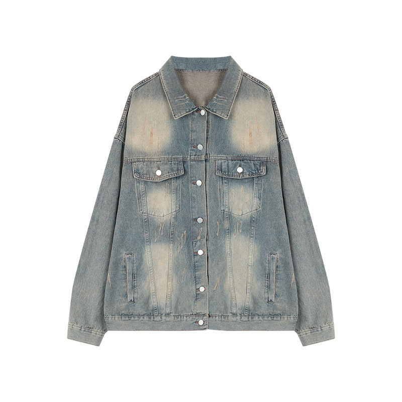 Womens Denim Fur Trim Jacket – Oversized Fit  |  Outerwear Clothing Mid blue