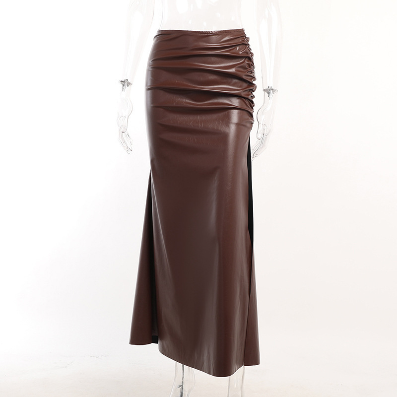 Womens Leather Zipper Tape Skirt Runway Show  |  Skirts Clothing Dark brown